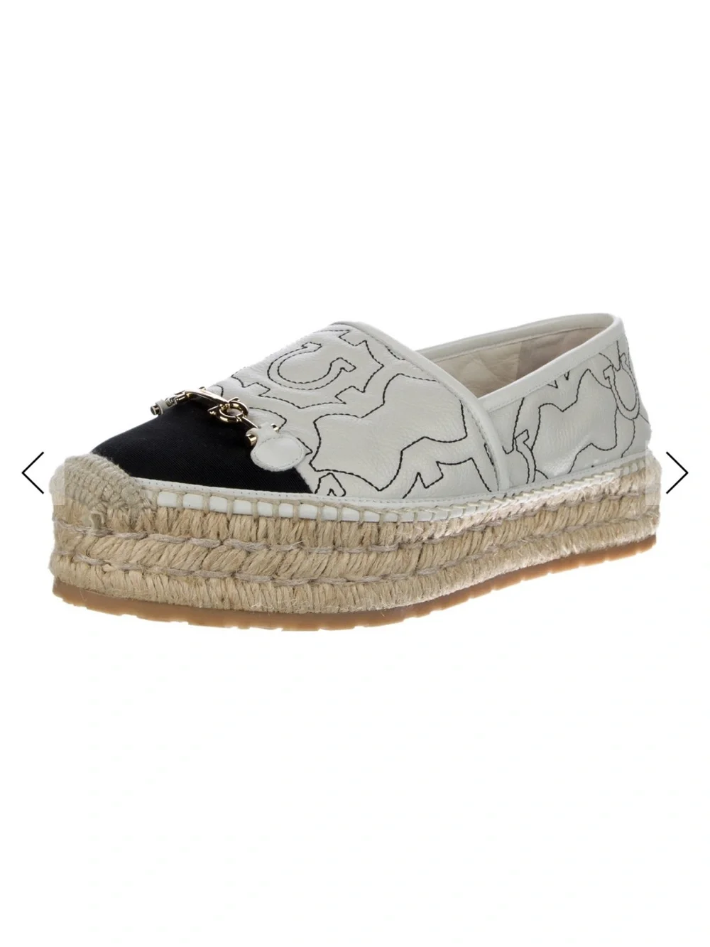 Salvatore Ferragamo White and Black Platform Espadrille Slip-On